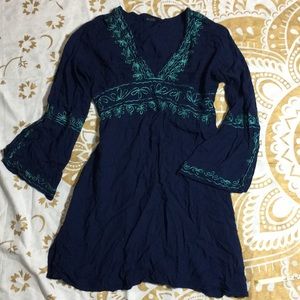 Bohemian Bell Sleeve Tunic Blue Dress